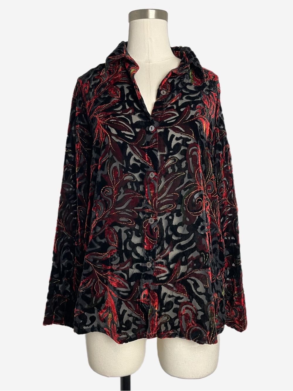 White Stag mid 2000s black red velvet floral burnout sheer blouse whimsigoth S